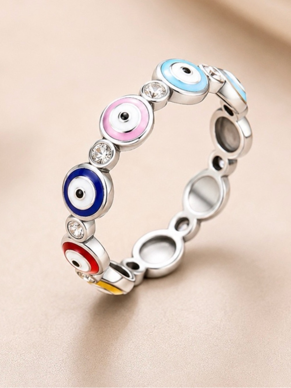 Silver Multi-Color Evil Eye Stackable Ring